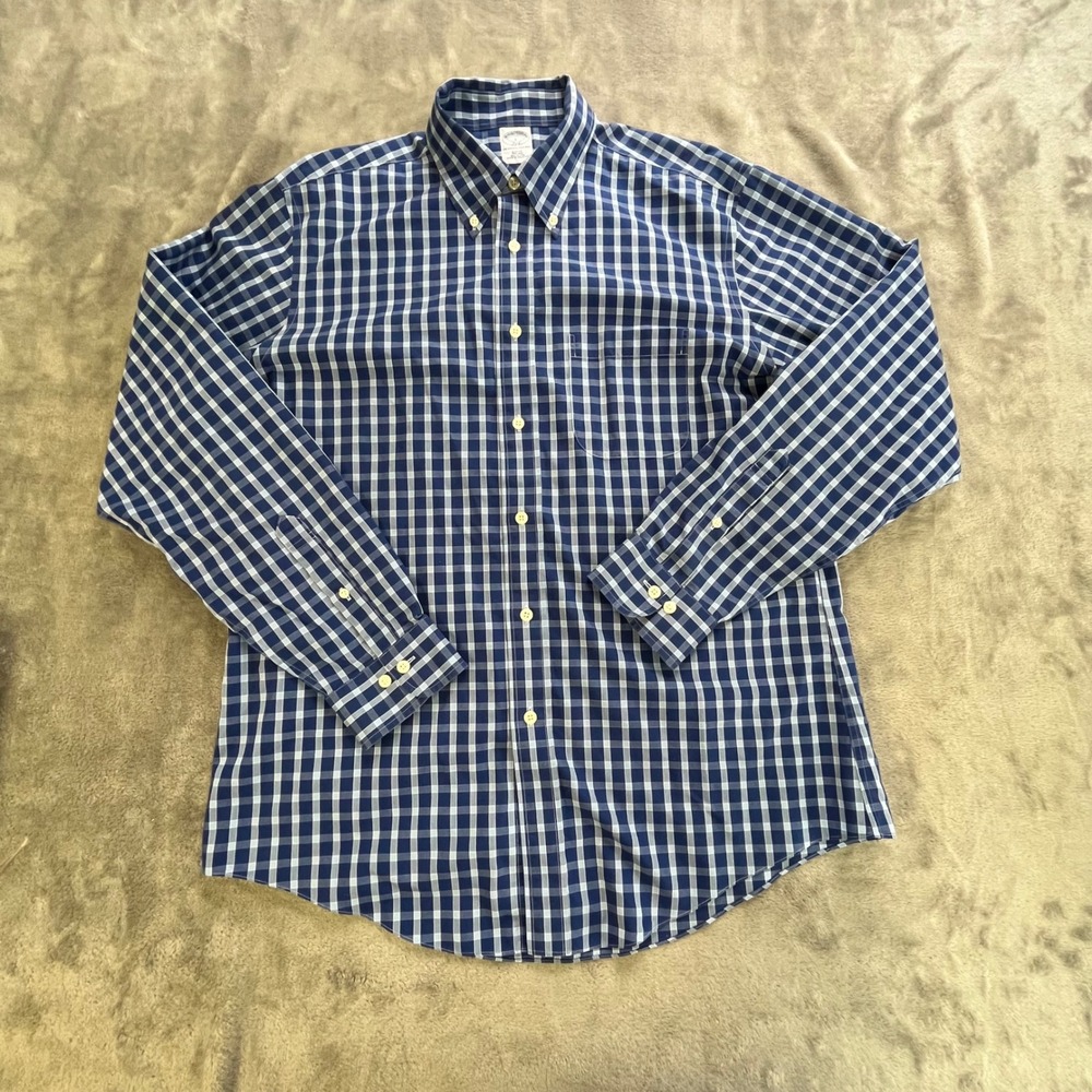 Brooks Brothers Button Down Shirt Mens Large Blue Check Slim Fit Non-Iron‎ 346